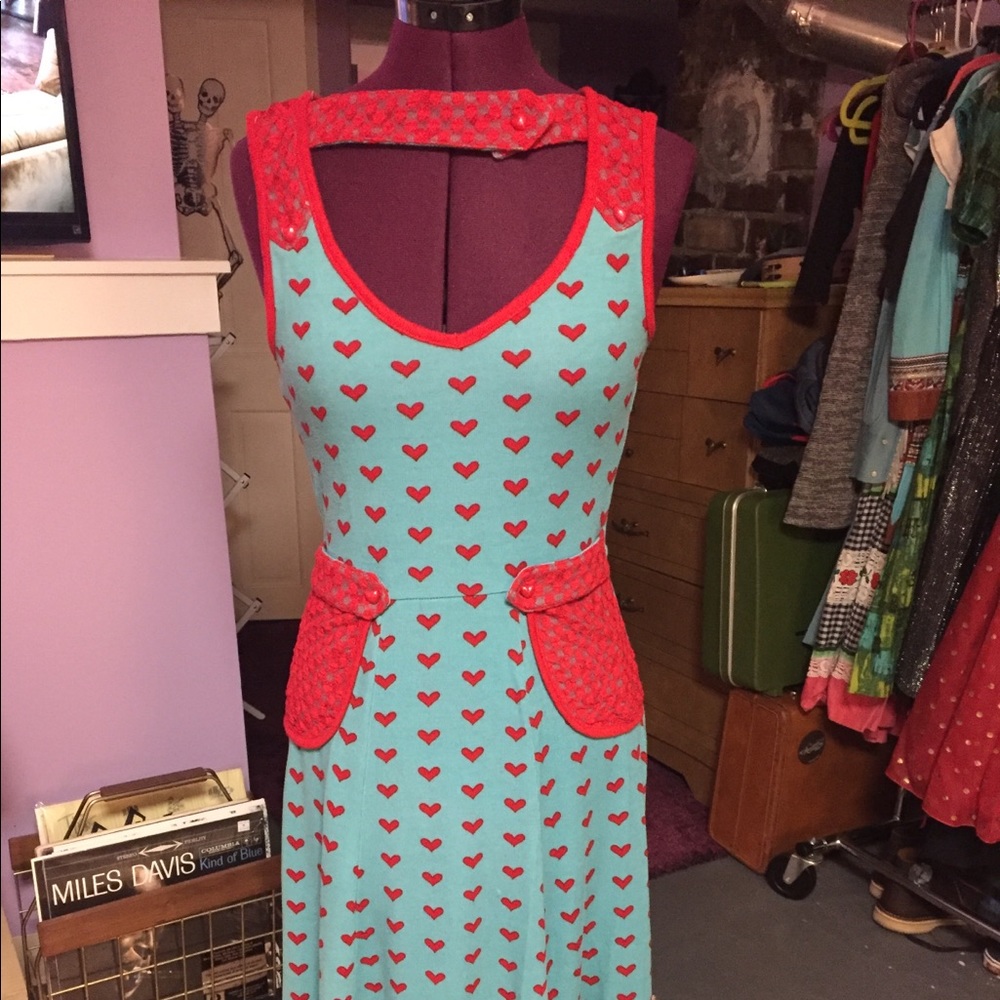 Voodoo Vixen Blue Dress with Red Hearts